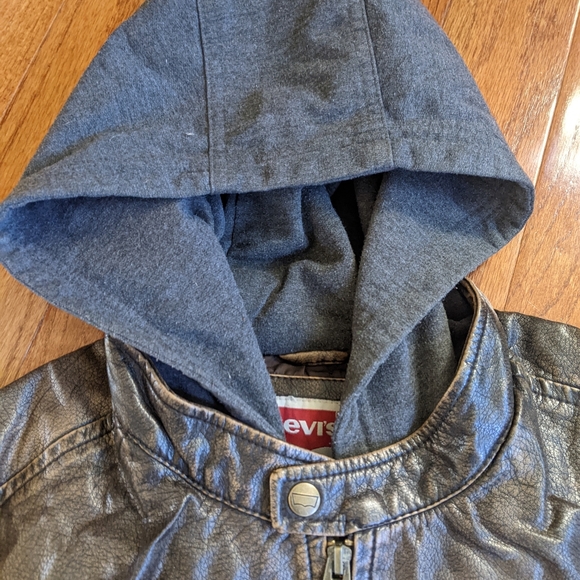 Levi's Chocolate Brown Faux Leather Gray Hoodie Thick Moto Winter Jacket Men's L - Picture 4 of 9